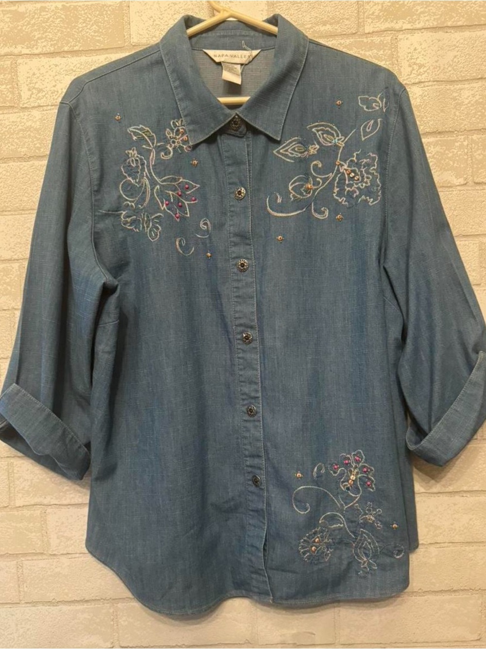 Chambray Button-Up Shirt with Floral Embroidery
